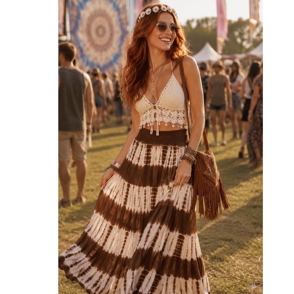 Tryst by Matthew Brown White Tie Dye Maxi Skirt‎ Ribbed Waist Bohemian Medium